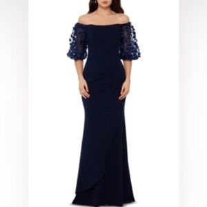Xscape Blue Embellished Gown with Bishop Sleeves